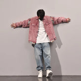 Threebooy Vintage Washed Worn Pink Jean Jacket for Mens Oversized Embroidery Jacquard Patchwork Denim Jacket Distressed Unisex Outerwear